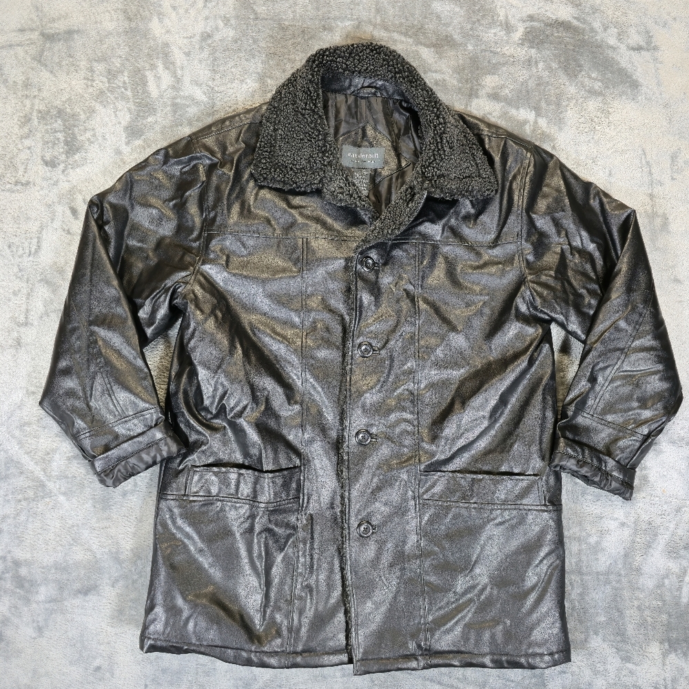 Vanderbilt Faux Leather Jacket Size Medium Shearling Collar Black Mens